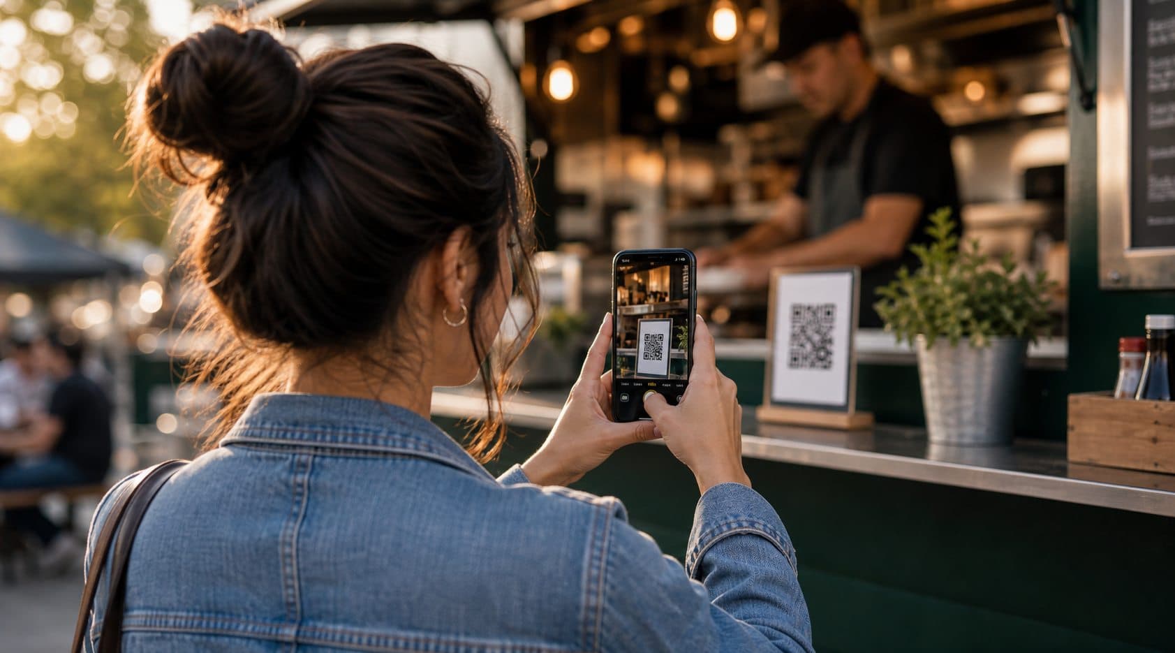 Customer scanning a QR code at a food truck